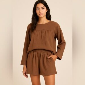 BOKIO Brown Two-Piece Set Long Sleeve‎ Top Elastic Waist Pants Loungewear